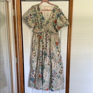 Anthropologie Green and Pink Flutter Sleeve Maxi Dress